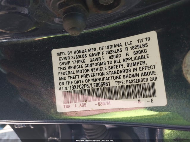 Продаж на аукціоні авто 2020 Honda Civic Lx, vin: 19XFC2F67LE005961, номер лоту: 44624499