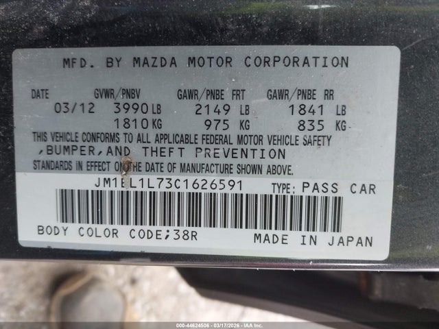 Aukcja sprzedaży 2012 Mazda Mazda3 I Touring, vin: JM1BL1L73C1626591, numer aukcji: 44624506