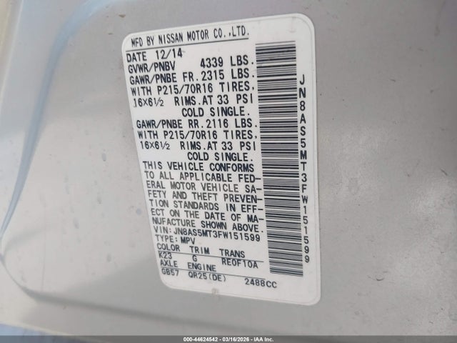 JN8AS5MT3FW151599 Nissan Rogue Select S