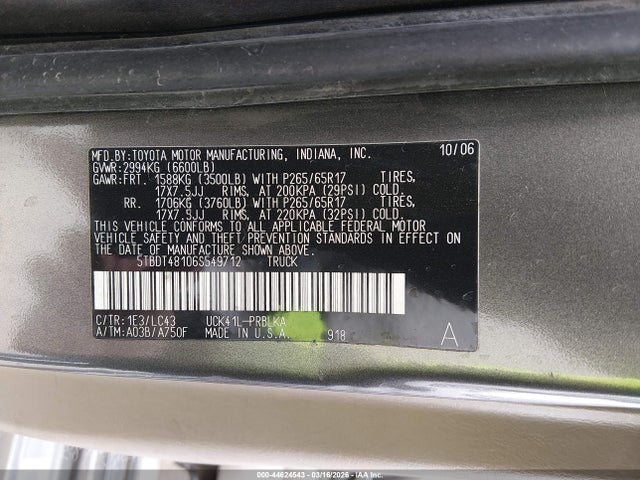 Aukcja sprzedaży 2006 Toyota Tundra Limited V8, vin: 5TBDT48106S549712, numer aukcji: 44624543