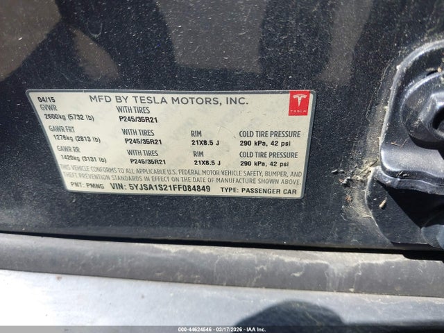 Продаж на аукціоні авто 2015 Tesla Model S 70d/85d/p85d, vin: 5YJSA1S21FF084849, номер лоту: 44624546