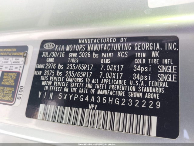 44624548 :رقم المزاد ، 5XYPG4A36HG232229 vin ، 2017 Kia Sorento 2.4l L مزاد بيع