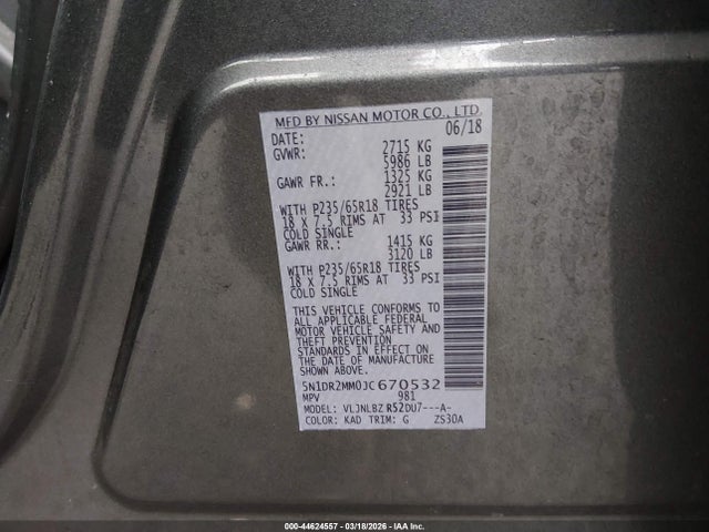 Nissan Pathfinder S 2018 5N1DR2MM0JC670532 Image 9