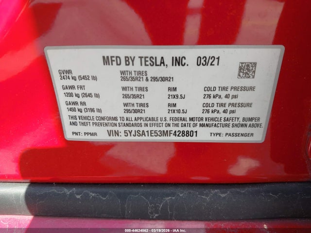 Продаж на аукціоні авто 2021 Tesla Model S Long Range Dual Motor All-wheel Drive, vin: 5YJSA1E53MF428801, номер лоту: 44624562