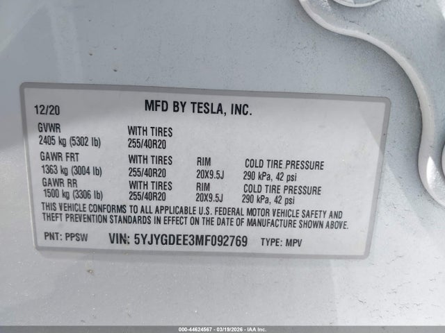 Aukcja sprzedaży 2021 Tesla Model Y Long Range Dual Motor All-wheel Drive, vin: 5YJYGDEE3MF092769, numer aukcji: 44624567