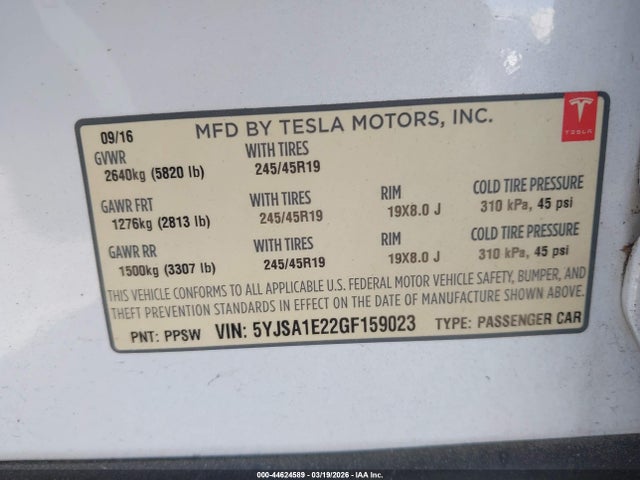 44624589 :رقم المزاد ، 5YJSA1E22GF159023 vin ، 2016 Tesla Model S 60d/70d/75d/85d/90d مزاد بيع
