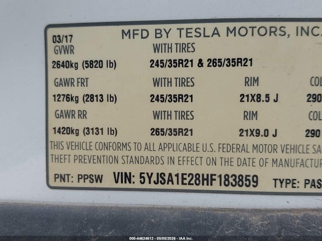 Aukcja sprzedaży 2017 Tesla Model S 100d/60d/75d/90d/p100d, vin: 5YJSA1E28HF183859, numer aukcji: 44624612