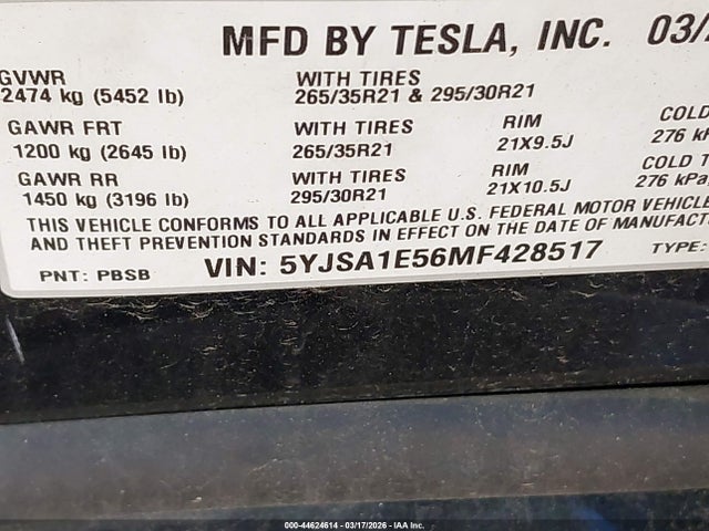 44624614 :رقم المزاد ، 5YJSA1E56MF428517 vin ، 2021 Tesla Model S Long Range Dual Motor All-wheel Drive مزاد بيع