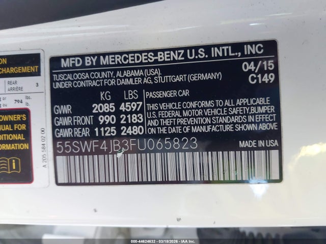 Aukcja sprzedaży 2015 Mercedes-benz C 300, vin: 55SWF4JB3FU065823, numer aukcji: 44624632