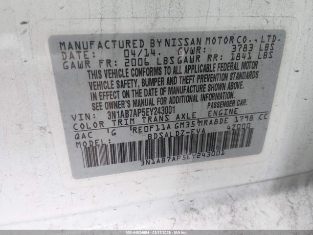 3N1AB7AP5EY243001 Nissan Sentra Fe+ S/fe+ Sv/s/sl/sr/sv