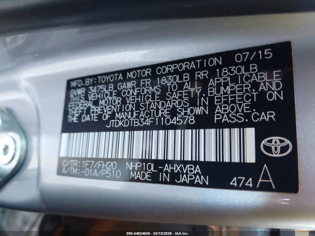 JTDKDTB34F1104578 Toyota Prius C One