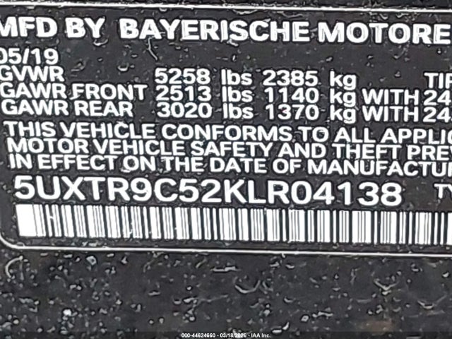 Продаж на аукціоні авто 2019 Bmw X3 Xdrive30i, vin: 5UXTR9C52KLR04138, номер лоту: 44624660