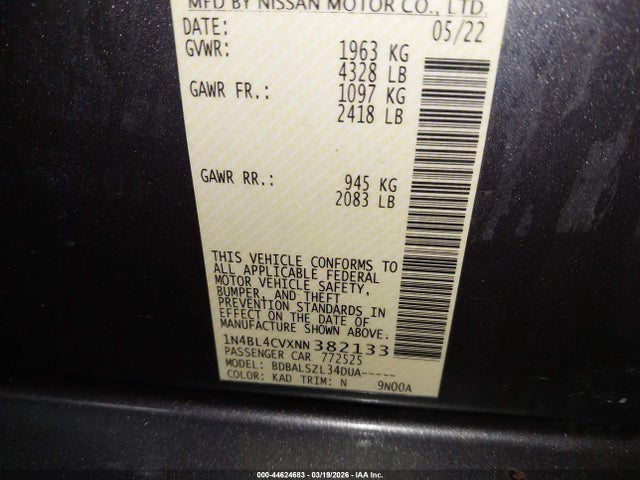 1N4BL4CVXNN382133 Nissan Altima Sr Fwd