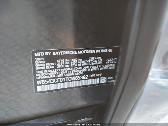 Aukcja sprzedaży 2026 Bmw Ix Xdrive45, vin: WB543CF01TCW65392, numer aukcji: 44624706