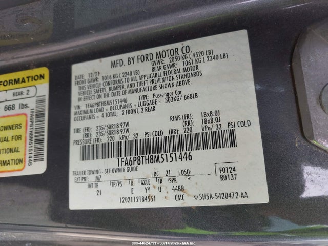 Продаж на аукціоні авто 2021 Ford Mustang Ecoboost Fastback, vin: 1FA6P8TH8M5151446, номер лоту: 44624711
