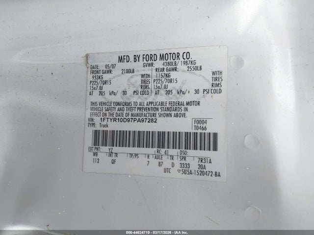 Продаж на аукціоні авто 2007 Ford Ranger Stx/xl/xlt, vin: 1FTYR10D97PA97282, номер лоту: 44624719