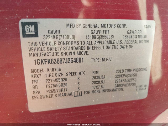 Продаж на аукціоні авто 2007 Gmc Yukon Denali, vin: 1GKFK63887J364801, номер лоту: 44624728