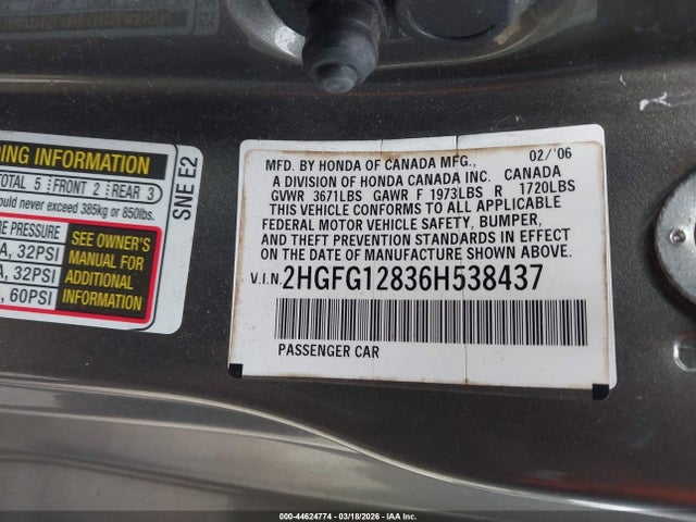 Aukcja sprzedaży 2006 Honda Civic Ex, vin: 2HGFG12836H538437, numer aukcji: 44624774