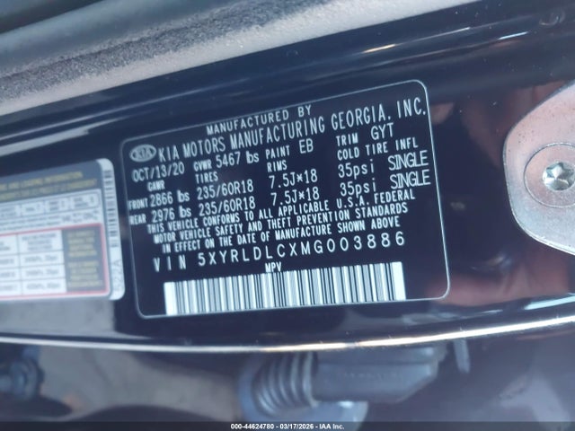 Auction sale of the 2021 Kia Sorento S, vin: 5XYRLDLCXMG003886, lot number: 44624780