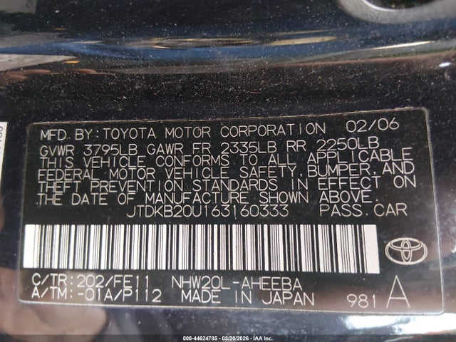 2006 Toyota Prius მანქანა იყიდება აუქციონზე, vin: JTDKB20U163160333, აუქციონის ნომერი: 44624785
