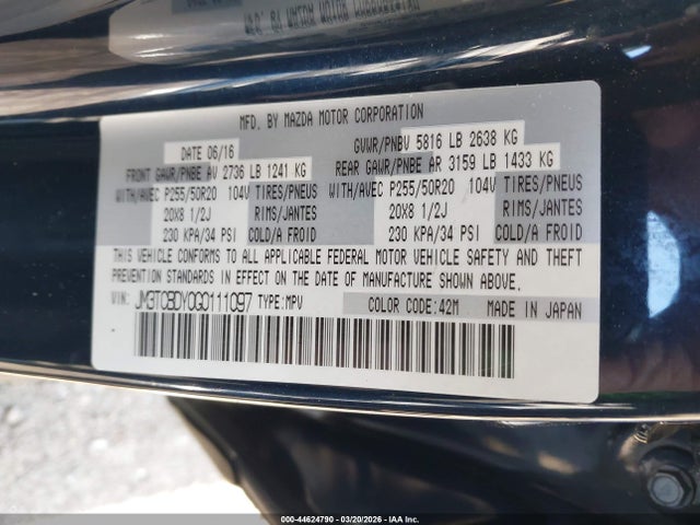 Aukcja sprzedaży 2016 Mazda Cx-9 Grand Touring, vin: JM3TCBDY0G0111097, numer aukcji: 44624790