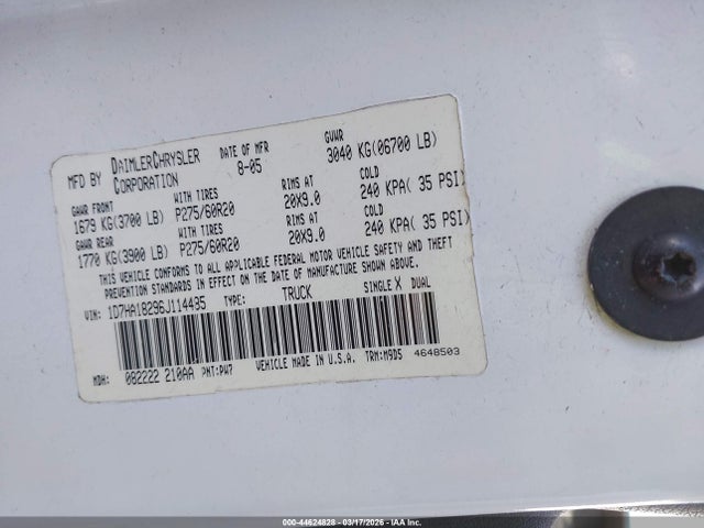 Aukcja sprzedaży 2006 Dodge Ram 1500 Slt, vin: 1D7HA18296J114485, numer aukcji: 44624828