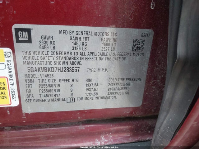 44624838 :رقم المزاد ، 5GAKVBKD7HJ283557 vin ، 2017 Buick Enclave Leather مزاد بيع