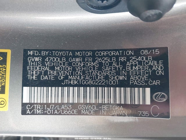 Aukcja sprzedaży 2016 Lexus Es 350, vin: JTHBK1GG8G2221001, numer aukcji: 44624855