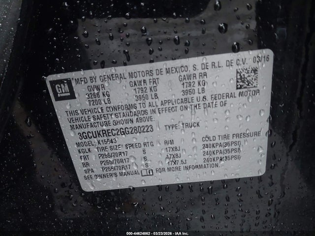 2016 Chevrolet Silverado 1500 1lt მანქანა იყიდება აუქციონზე, vin: 3GCUKREC2GG280223, აუქციონის ნომერი: 44624862