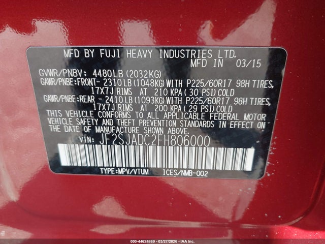 44624869 :رقم المزاد ، JF2SJADC2FH806000 vin ، 2015 Subaru Forester 2.5i Premium مزاد بيع