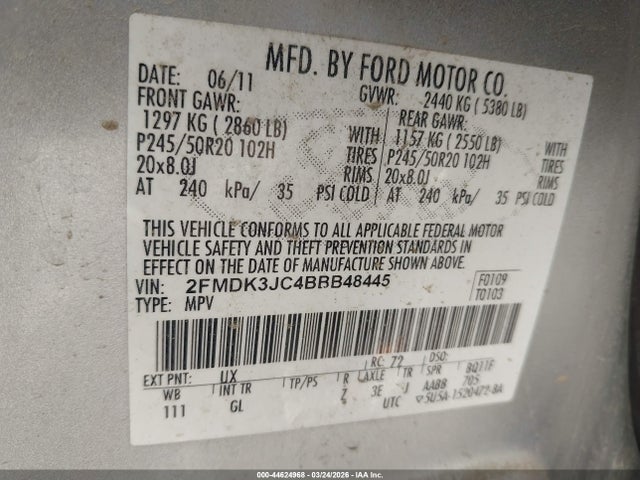 2011 Ford Edge Sel მანქანა იყიდება აუქციონზე, vin: 2FMDK3JC4BBB48445, აუქციონის ნომერი: 44624968