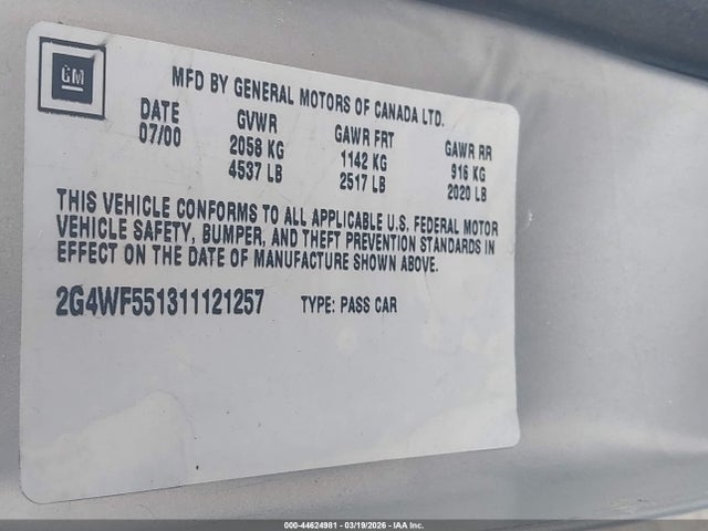 Aukcja sprzedaży 2001 Buick Regal Gs, vin: 2G4WF551311121257, numer aukcji: 44624981