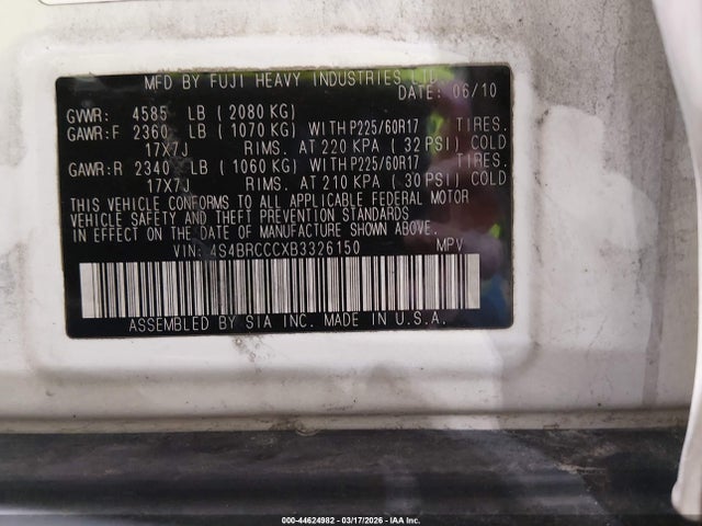 Продаж на аукціоні авто 2011 Subaru Outback 2.5i Premium, vin: 4S4BRCCCXB3326150, номер лоту: 44624982