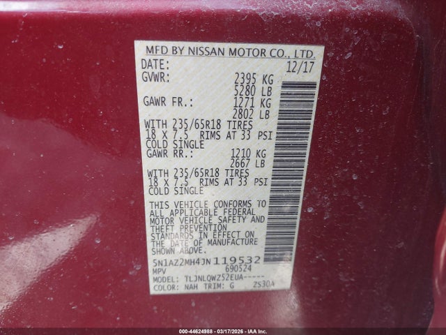5N1AZ2MH4JN119532 Nissan MURANO SV
