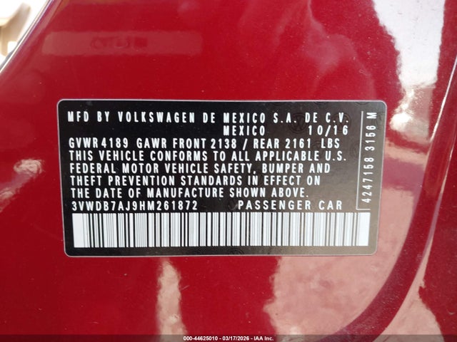 44625010 :رقم المزاد ، 3VWDB7AJ9HM261872 vin ، 2017 Volkswagen Jetta 1.4t Se مزاد بيع