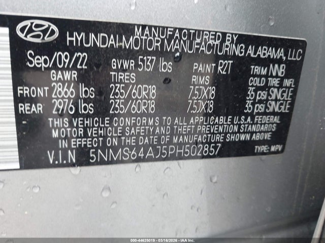 44625019 :رقم المزاد ، 5NMS64AJ5PH502857 vin ، 2023 Hyundai Santa Fe Xrt مزاد بيع