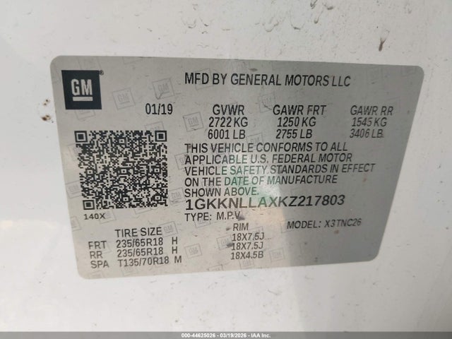 2019 Gmc Acadia Sle-2 მანქანა იყიდება აუქციონზე, vin: 1GKKNLLAXKZ217803, აუქციონის ნომერი: 44625026