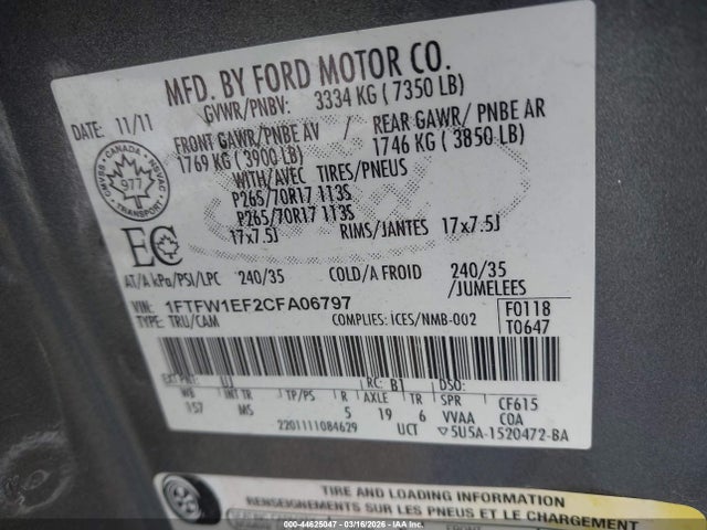 2012 Ford F-150 Xlt მანქანა იყიდება აუქციონზე, vin: 1FTFW1EF2CFA06797, აუქციონის ნომერი: 44625047