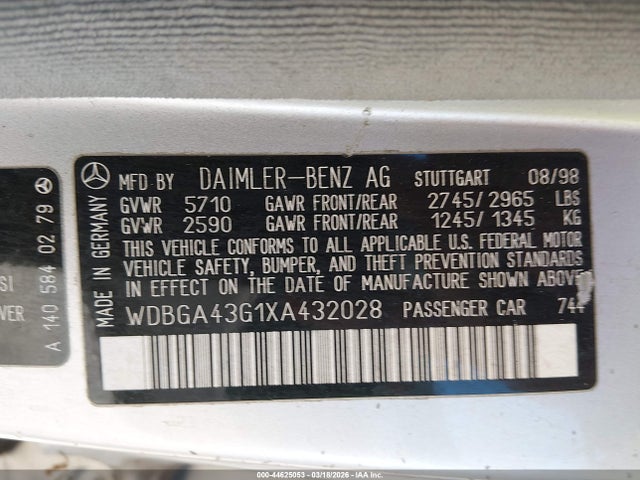 Aukcja sprzedaży 1999 Mercedes-benz S 420, vin: WDBGA43G1XA432028, numer aukcji: 44625053