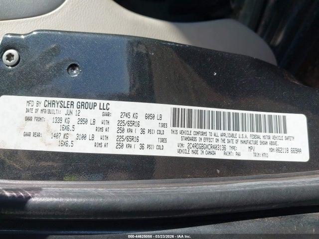 44625058 :رقم المزاد ، 2C4RDGBGXCR403136 vin ، 2012 Dodge Grand Caravan Se/avp مزاد بيع
