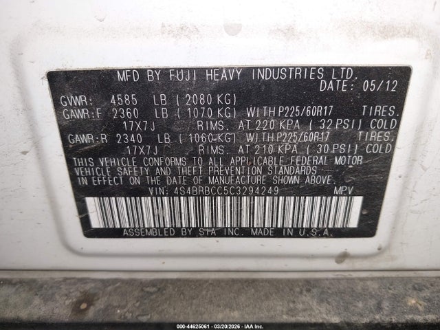 44625061 :رقم المزاد ، 4S4BRBCC5C3294249 vin ، 2012 Subaru Outback 2.5i Premium مزاد بيع