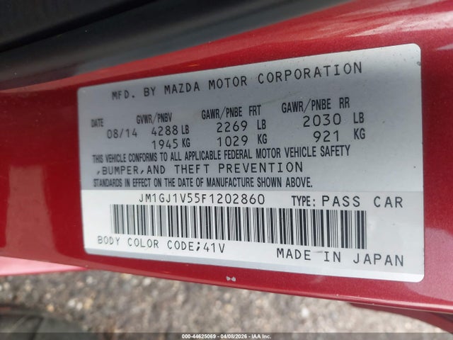 2015 Mazda Mazda6 I Touring მანქანა იყიდება აუქციონზე, vin: JM1GJ1V55F1202860, აუქციონის ნომერი: 44625069
