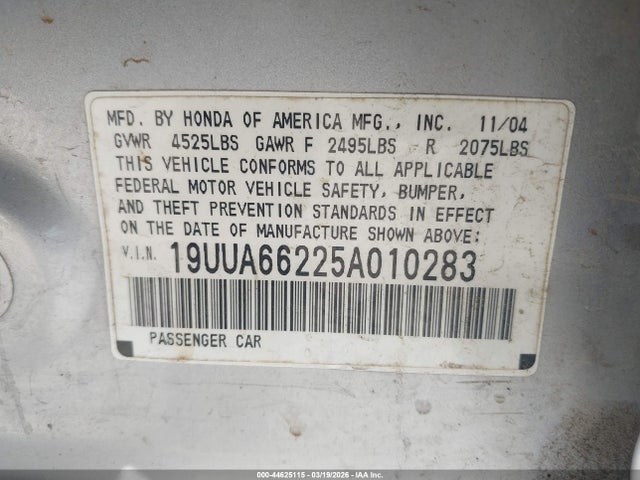 44625115 :رقم المزاد ، 19UUA66225A010283 vin ، 2005 Acura Tl مزاد بيع