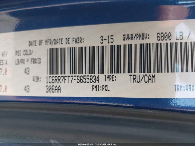 44625160 :رقم المزاد ، 1C6RR7FT7FS655834 vin ، 2015 Ram 1500 St مزاد بيع