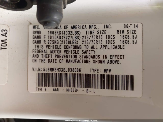 5J6RM3H3XEL038086 Honda CR-V LX