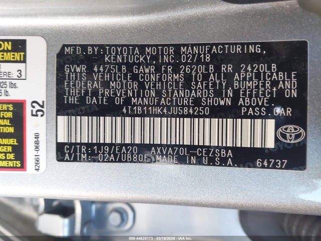 4T1B11HK4JU584250 Toyota CAMRY SE