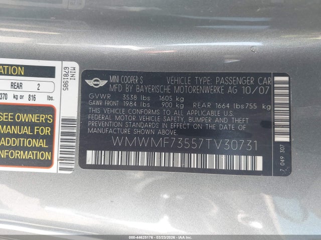 2007 MINI COOPER S WMWMF73557TV30731 Photo 8