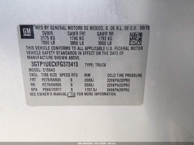 Aukcja sprzedaży 2015 Gmc Sierra 1500 Sle, vin: 3GTP1UECXFG373413, numer aukcji: 44625208