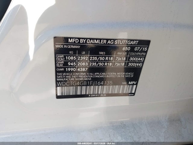 Продаж на аукціоні авто 2015 Mercedes-benz Gla 250 4matic, vin: WDCTG4GB1FJ164135, номер лоту: 44625241