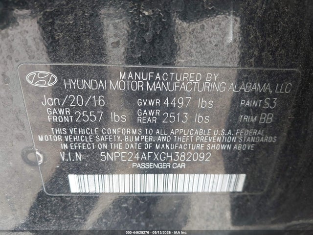 Aukcja sprzedaży 2016 Hyundai Sonata Se, vin: 5NPE24AFXGH382092, numer aukcji: 44625276